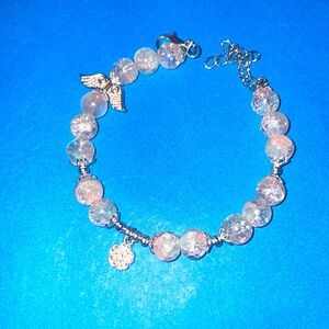 White and Clear Angel Wing and Flower Charm Hook Bracelet